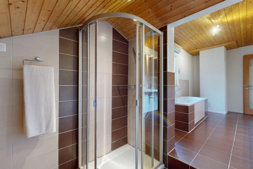 salle de bains avec plafond voûté, plafond de bois, et douche