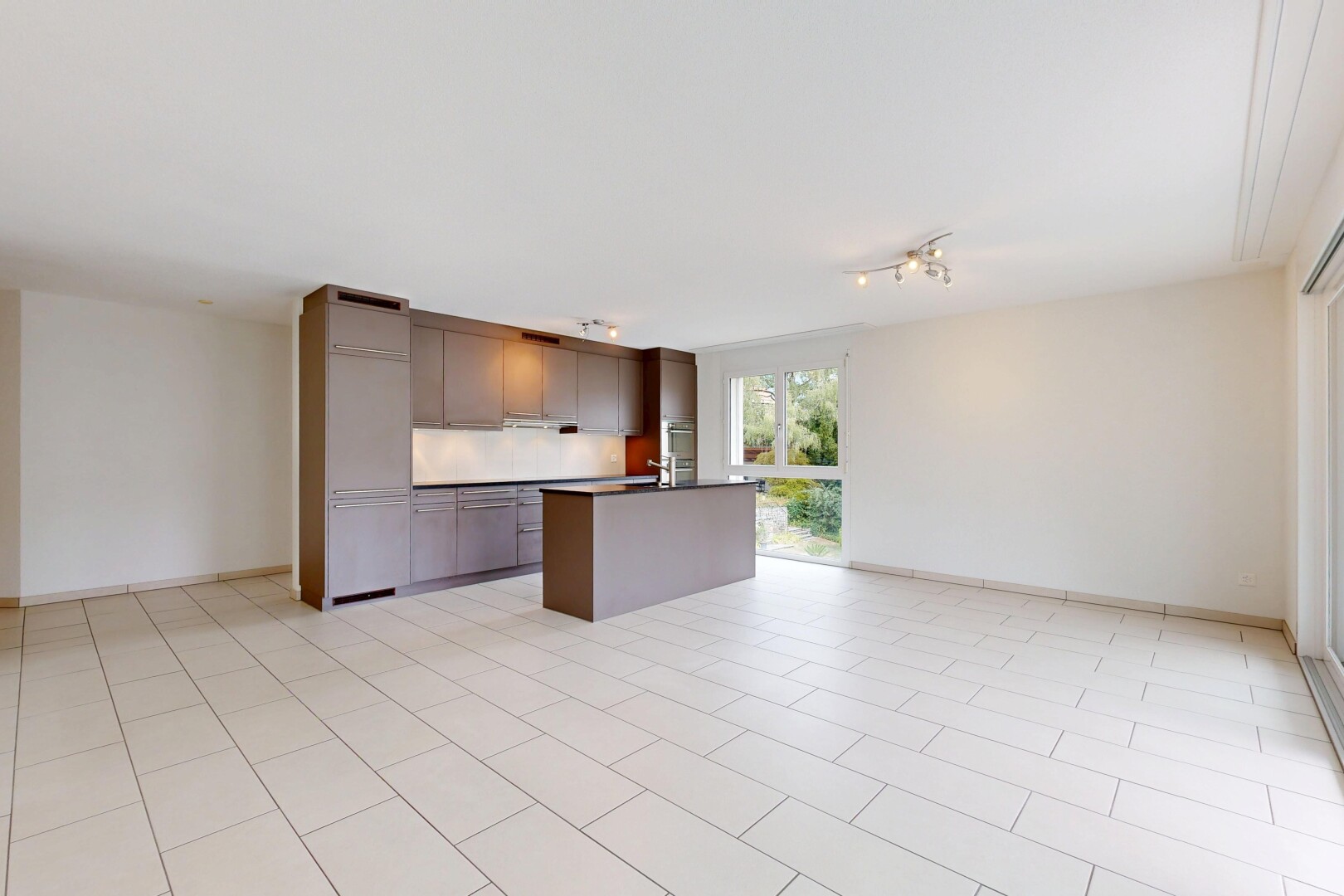 küche mit deckenbeleuchtung, opens to living area, öffnet sich zum wohnraum, dark countertops, und arbeitsplatten