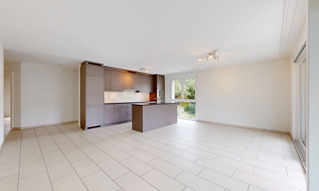 küche mit deckenbeleuchtung, opens to living area, öffnet sich zum wohnraum, dark countertops, und arbeitsplatten