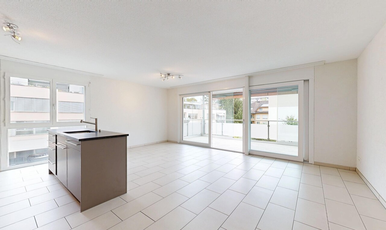 küche mit light floor, opens to living area, öffnet sich zum wohnraum, kitchen island, und kücheninsel