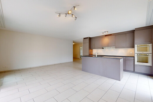 küche mit deckenbeleuchtung, light floor, dark countertops, arbeitsplatten, und opens to living area