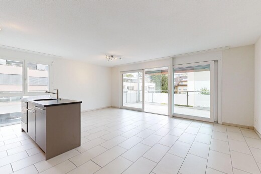küche mit light floor, opens to living area, öffnet sich zum wohnraum, kitchen island, und kücheninsel