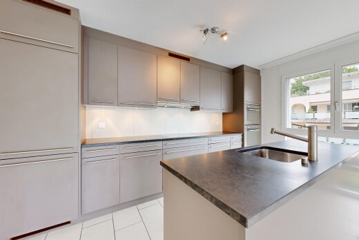 küche mit graue schränke, gray cabinets, light floor, arbeitsplatten, und dark countertops