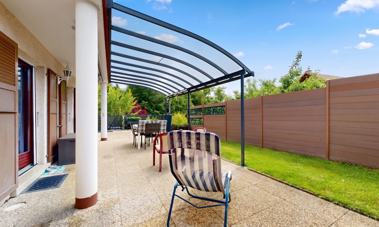 terrace featuring outdoor dining area, a fenced backyard, a patio, and a pergola