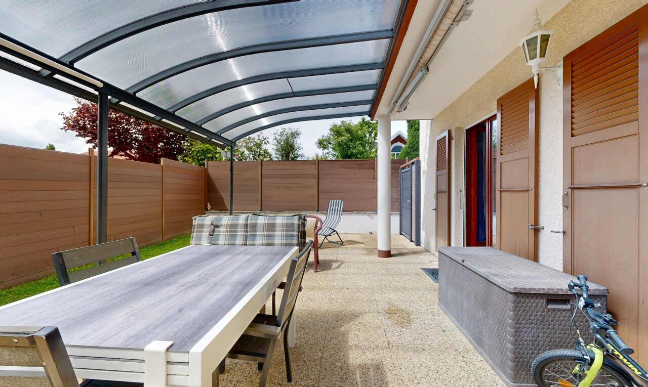 patio / terrace with outdoor dining space, a patio, a fenced backyard, and a pergola