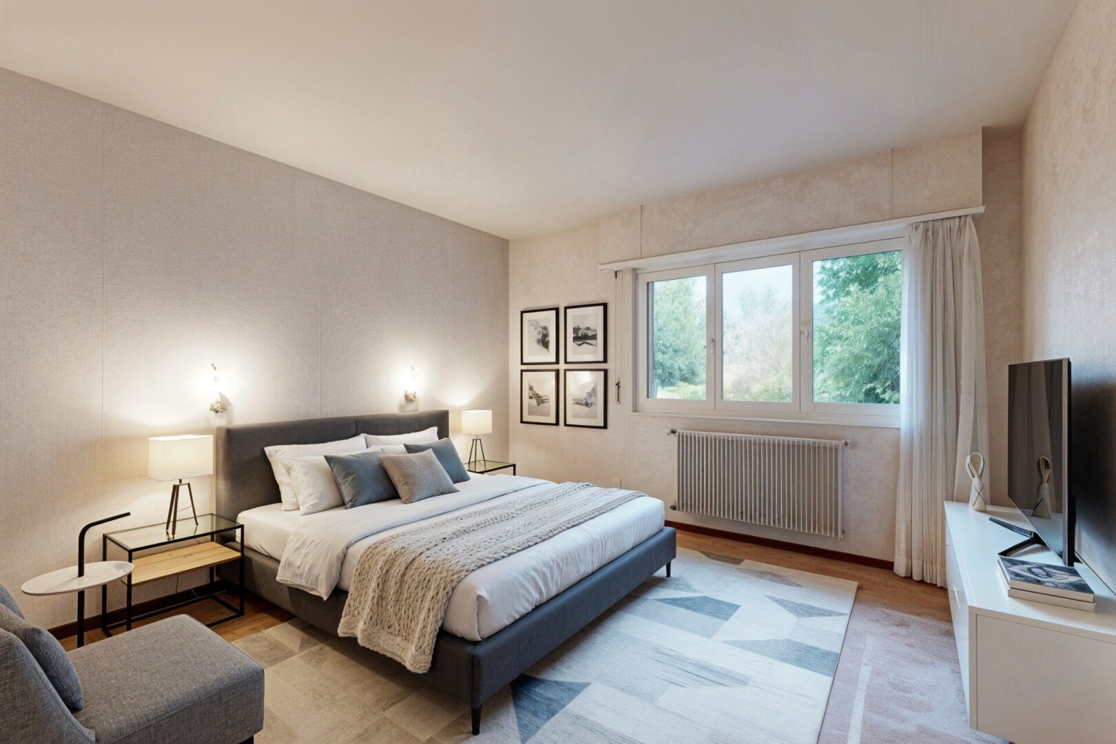pièce vide avec radiateur, lumière naturelle, natural light, moquette, et carpet
