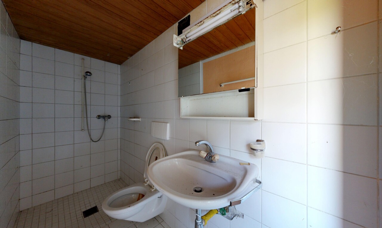salle de bains avec douche, plafond en bois, wood ceiling, miroir, et mur en carrelage