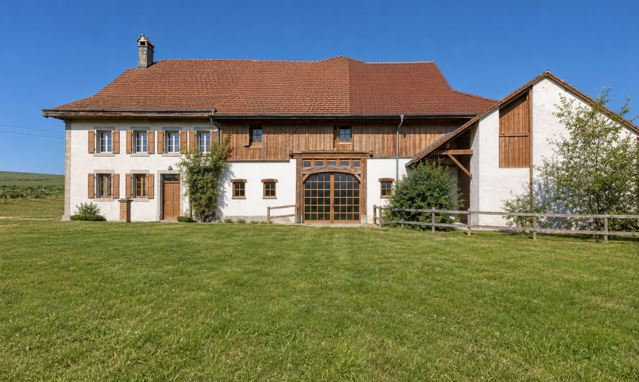façade avec property visible, day time, cheminée, et pelouse