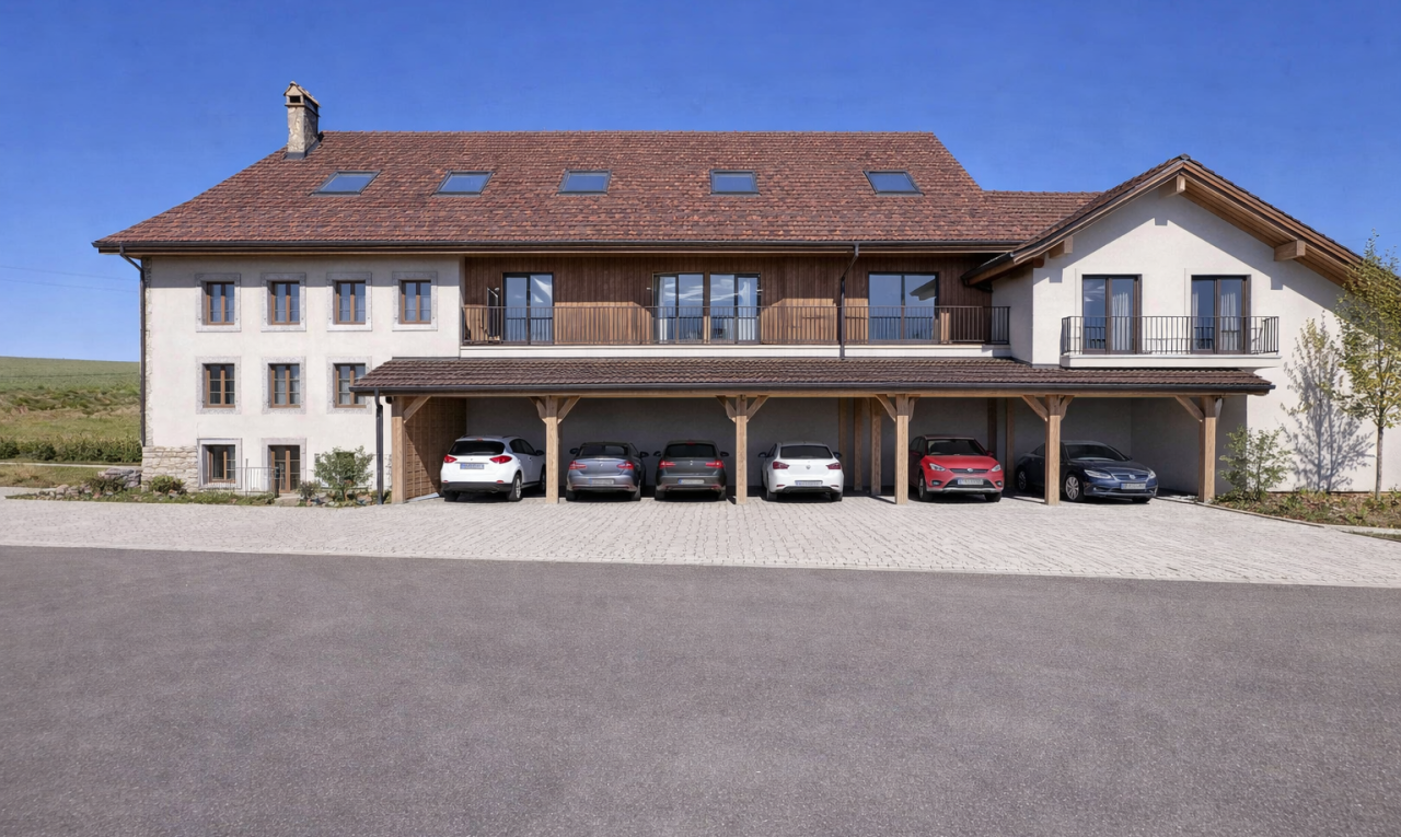 façade avec property visible, day time, cheminée, et pelouse