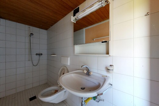 salle de bains avec douche, plafond en bois, wood ceiling, miroir, et mur en carrelage