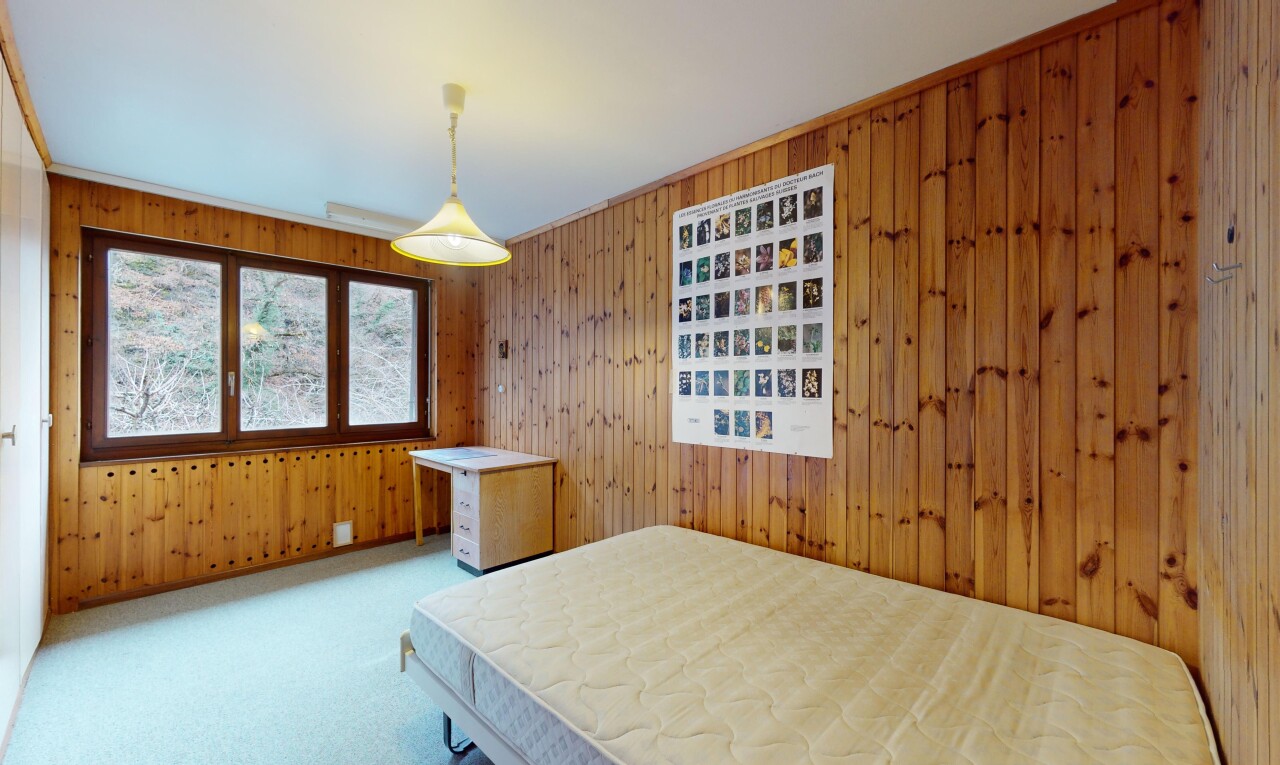 zimmer / schlafzimmer mit holzwand, teppich, und natürliches licht