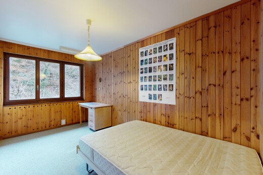 room / bedroom featuring light colored carpet and wooden walls