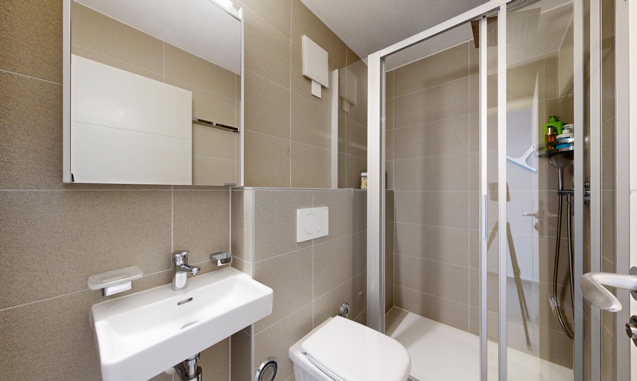 salle de bains avec mur en carrelage, tile wall, douche, salle de bain complète, et miroir