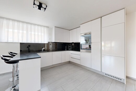 cuisine avec flat panel cabinets, armoires à panneau plat, light floor, kitchen bar, et bar de cuisine