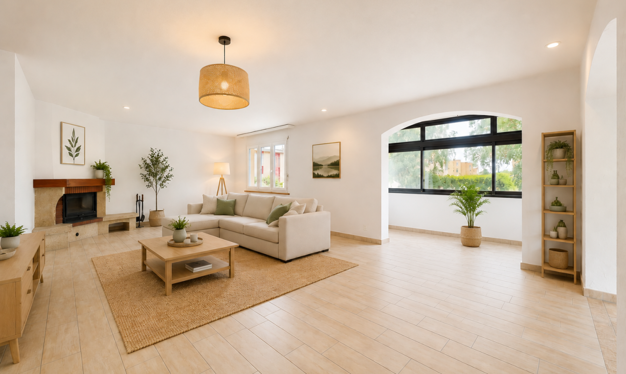 pièce vide avec inside property, cheminée, sol en finition bois, wood finish floor, et lumière naturelle