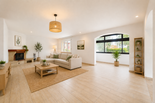 pièce vide avec inside property, cheminée, sol en finition bois, wood finish floor, et lumière naturelle