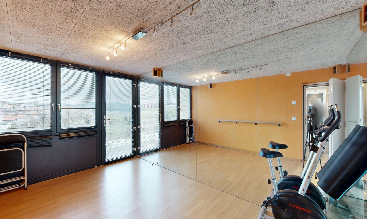 gym avec track lighting, éclairage sur rail, natural light, lumière naturelle, et inside property