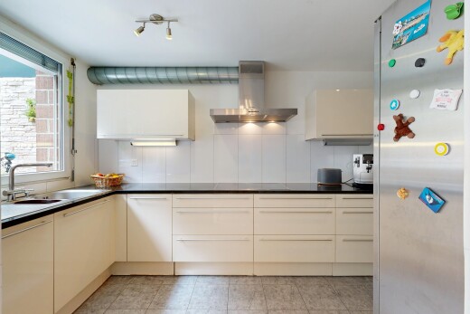 küche mit kühlschrank, dunstabzugshaube, dark countertops, arbeitsplatten, und natürliches licht