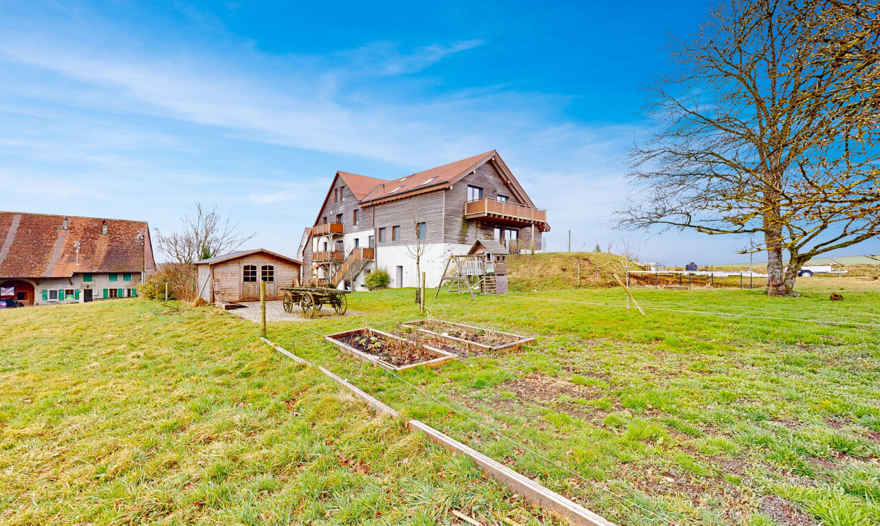 façade avec pelouse, jardin, et terrasse