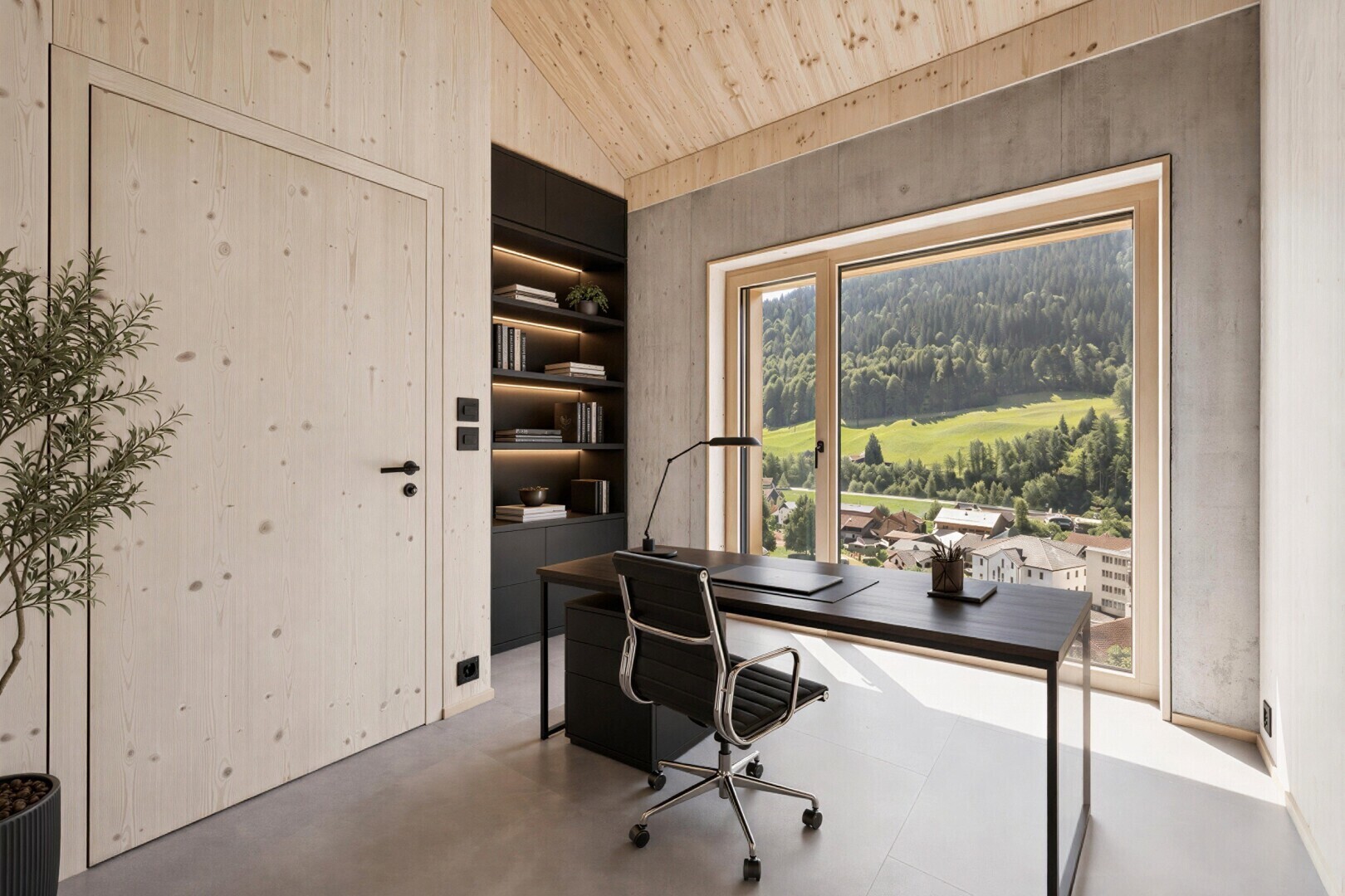büro mit inside property, vaulted ceiling, dachschräge, eingebaute regale, und concrete wall