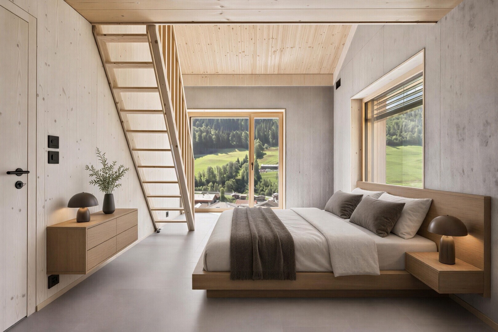 zimmer / schlafzimmer mit inside property, finished concrete floor, concrete floor, betonboden, und wood ceiling