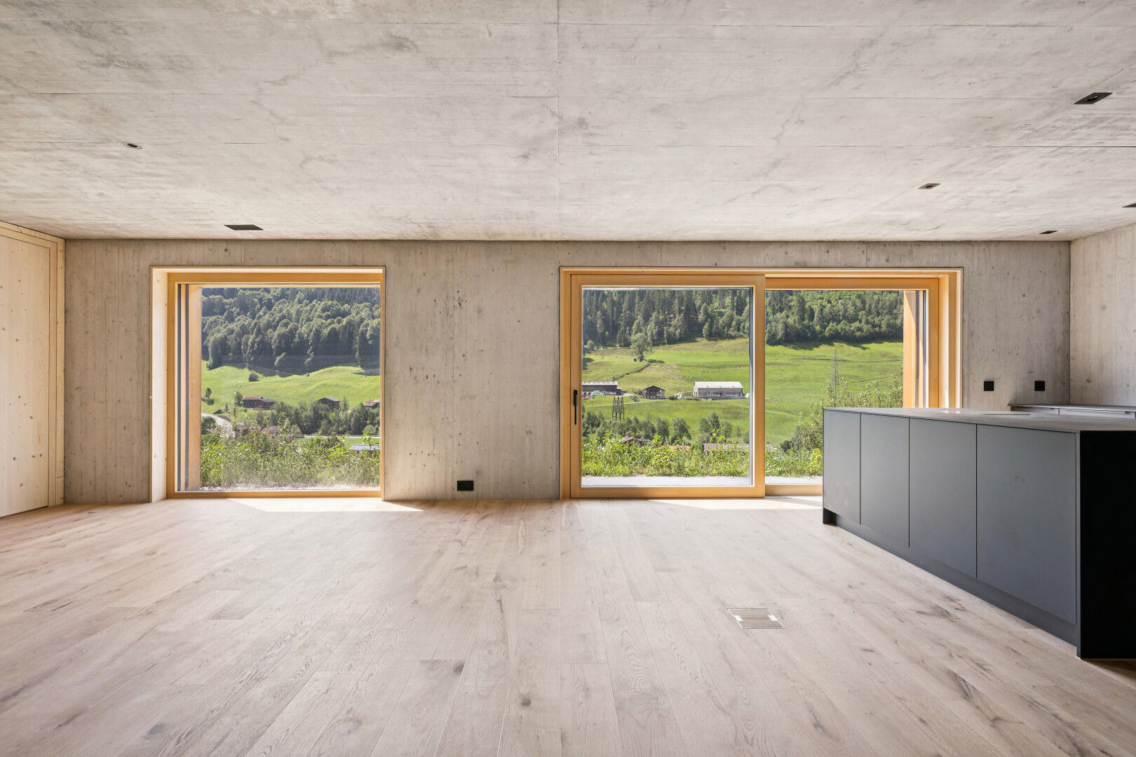 leerer raum mit concrete ceiling, betondecke, wood finish floor, holzfußboden, und inside property