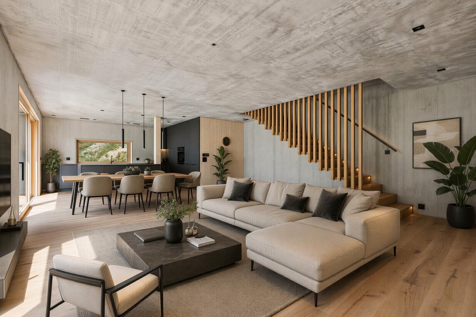 wohn- / esszimmer mit wood finish floor, holzfußboden, concrete ceiling, betondecke, und pendelleuchte