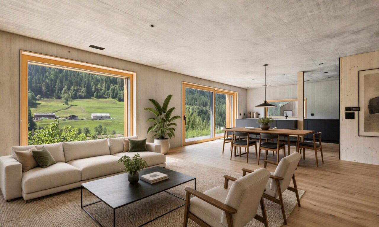 wohn- / esszimmer mit betondecke, concrete ceiling, holzfußboden, wood finish floor, und pendelleuchte