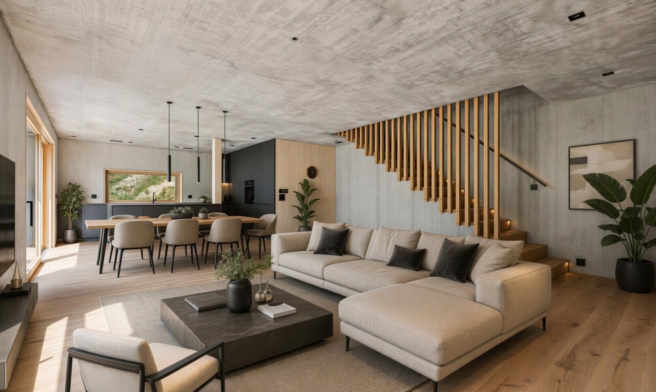 wohn- / esszimmer mit wood finish floor, holzfußboden, concrete ceiling, betondecke, und pendelleuchte