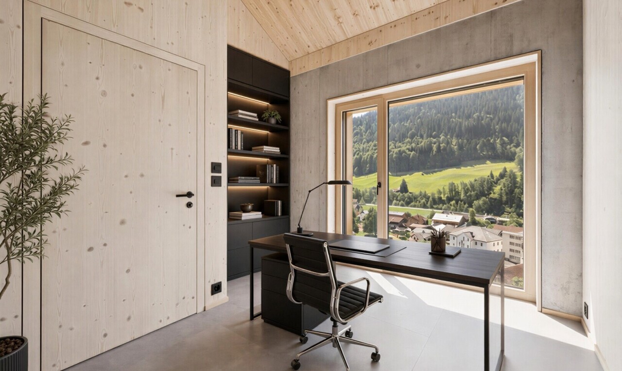büro mit inside property, vaulted ceiling, dachschräge, eingebaute regale, und concrete wall