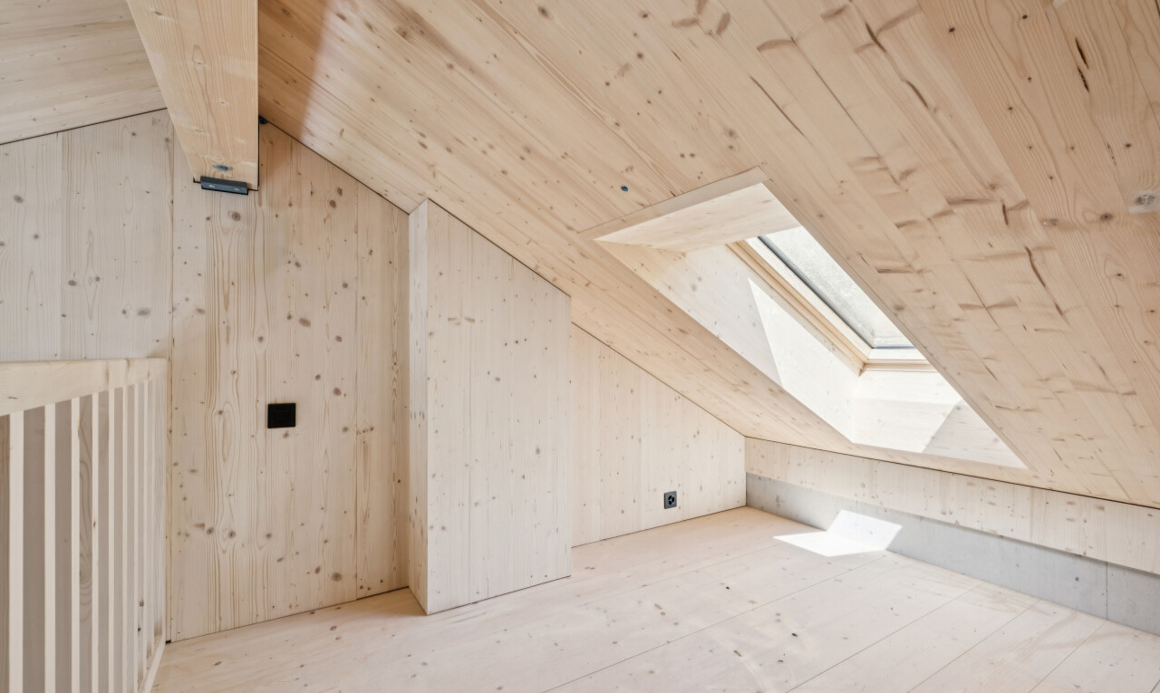 leerer raum mit dachfenster, vaulted ceiling, dachschräge, dated wood wall, und wood wall