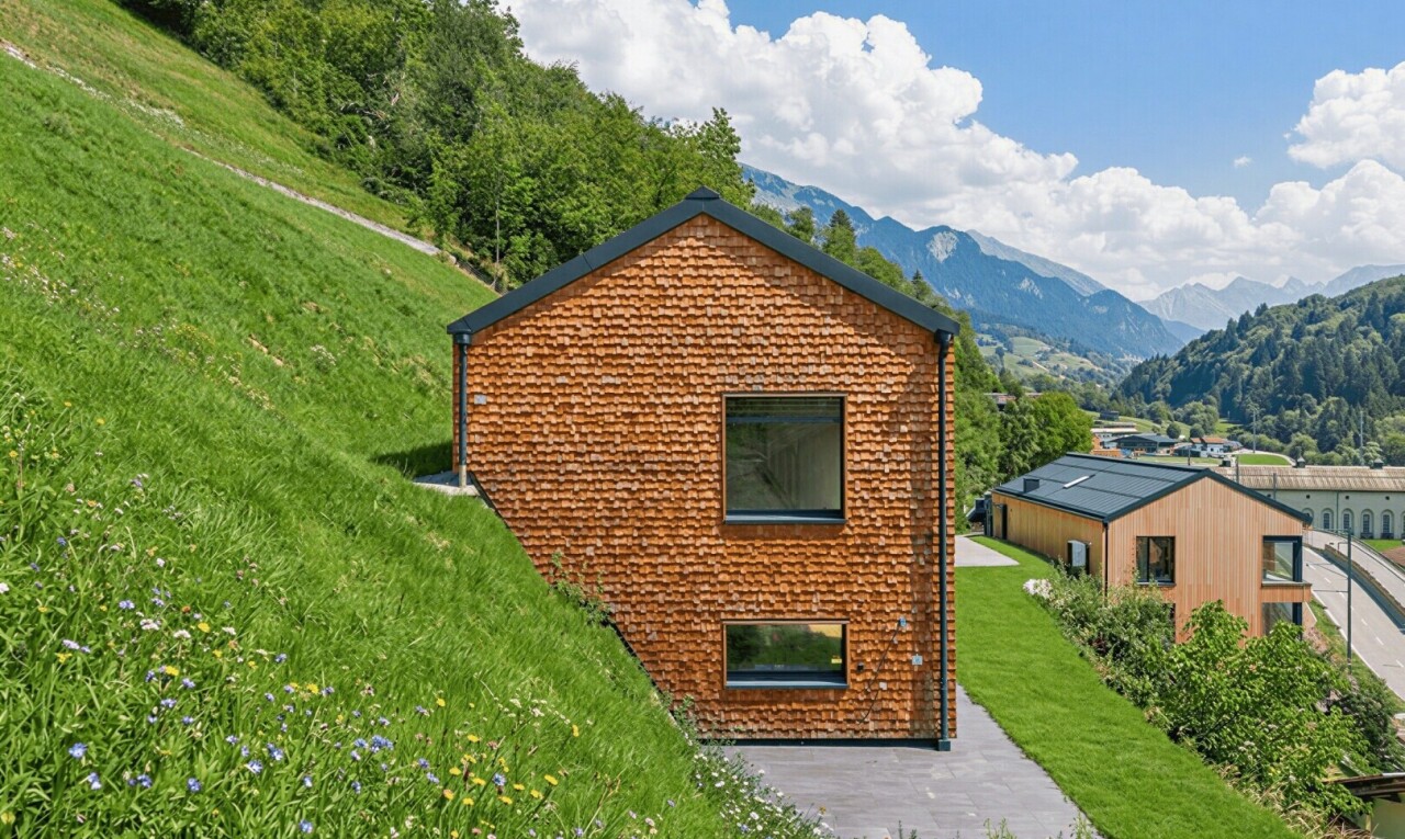 außenansicht mit rasen, mountain view, blick auf die berge, property visible, und day time
