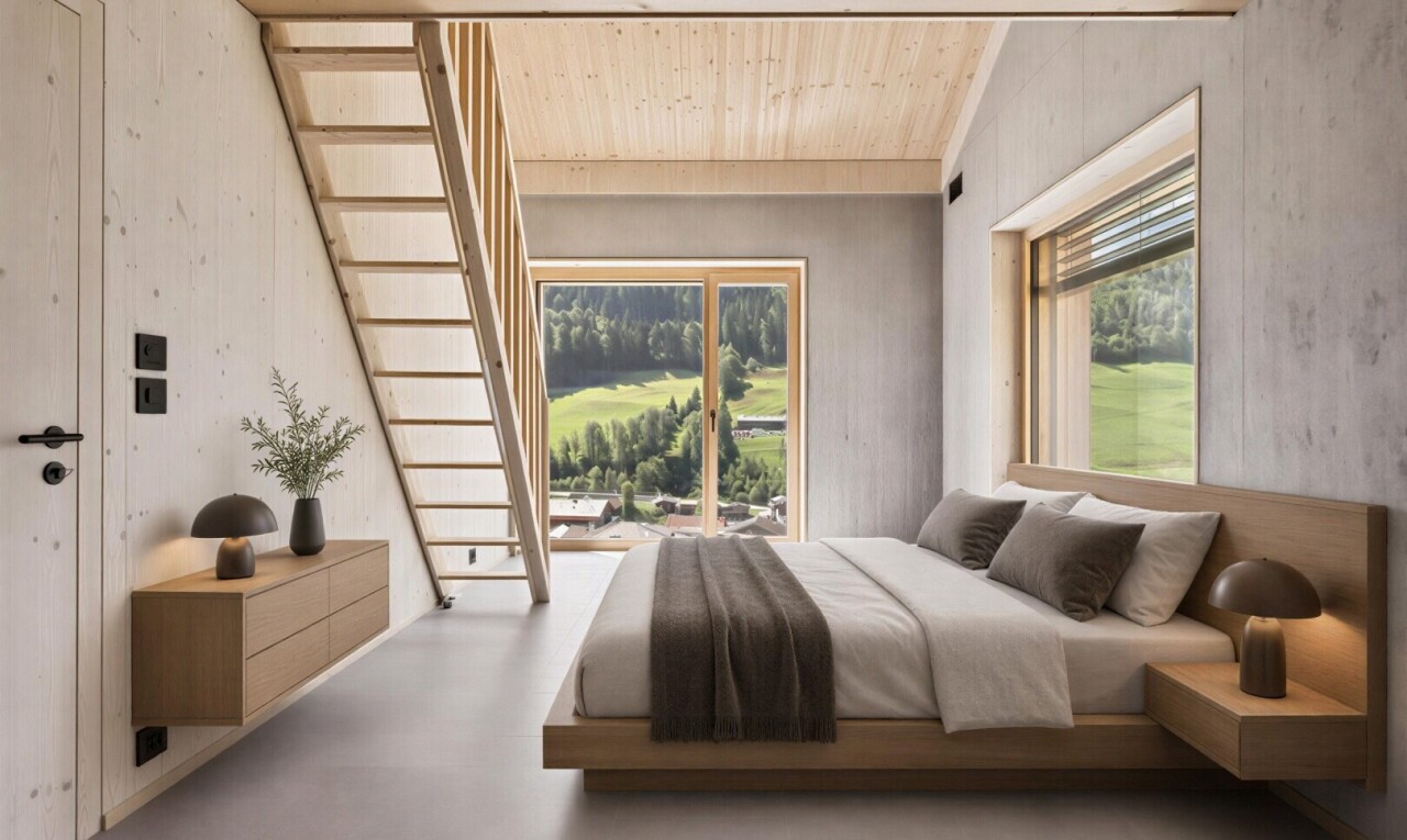 zimmer / schlafzimmer mit inside property, finished concrete floor, concrete floor, betonboden, und wood ceiling