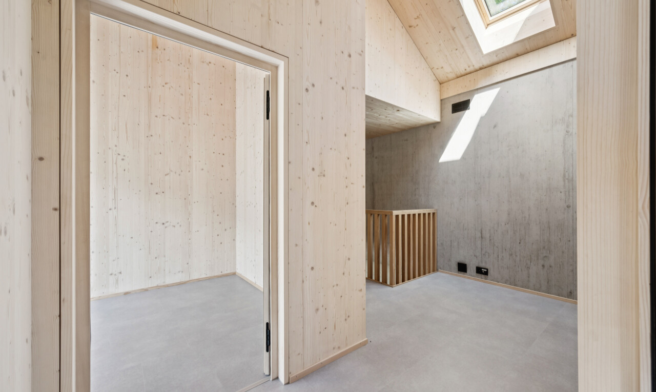 leerer raum mit dachfenster, dachschräge, vaulted ceiling, inside property, und betonboden