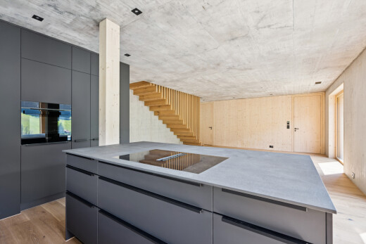 küche mit concrete ceiling, betondecke, flat panel cabinets, schränke mit flachen paneelen, und wood finish floor
