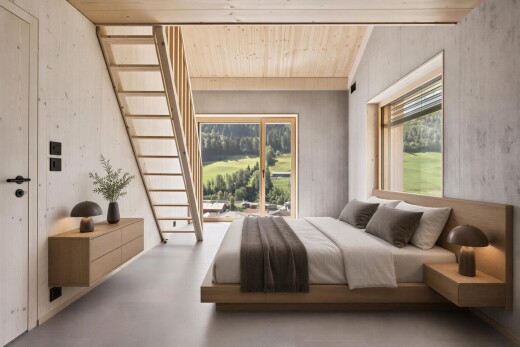 zimmer / schlafzimmer mit inside property, finished concrete floor, concrete floor, betonboden, und wood ceiling