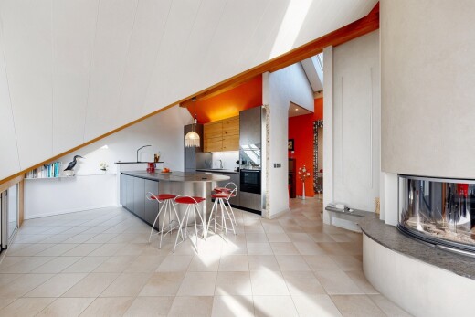 küche mit kamin, küchenbar, arbeitsplatten, gipskartonwand, und drywall