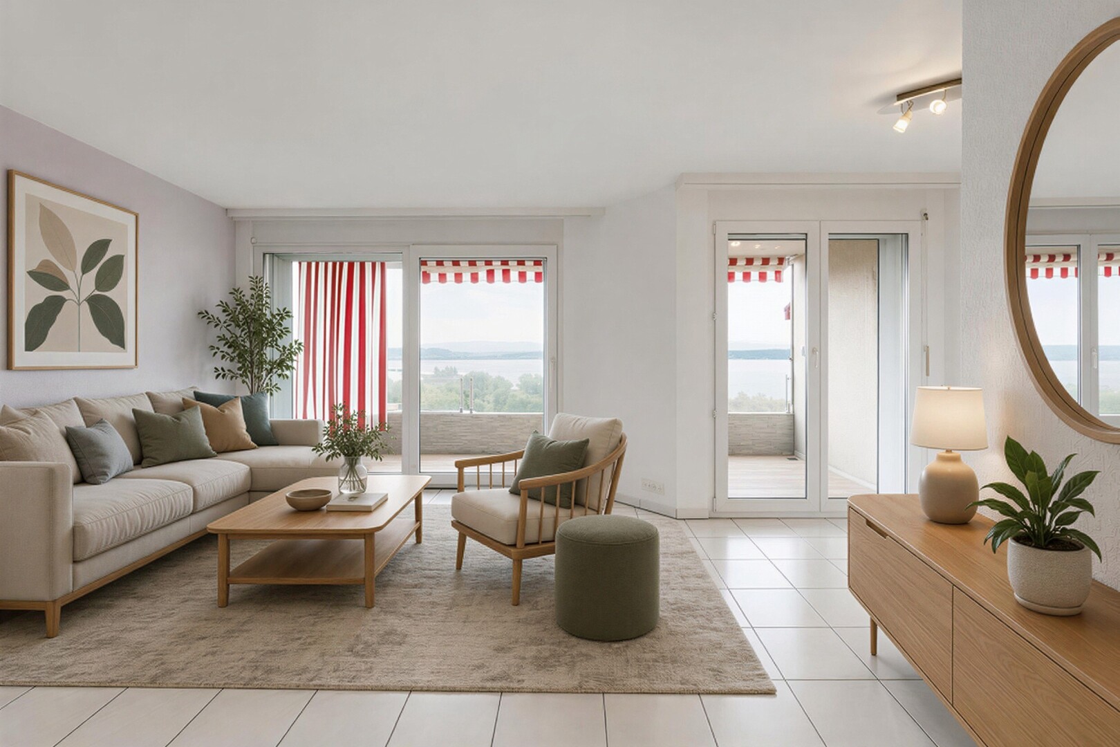 salon avec éclairage sur rail, sol en carrelage, tile floor, virtually staged, et inside property