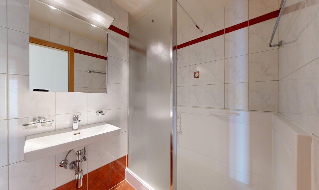 salle de bains avec douche, miroir, mur en carrelage, tile wall, et salle de bain complète