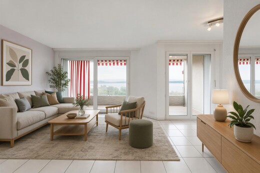 salon avec éclairage sur rail, sol en carrelage, tile floor, virtually staged, et inside property