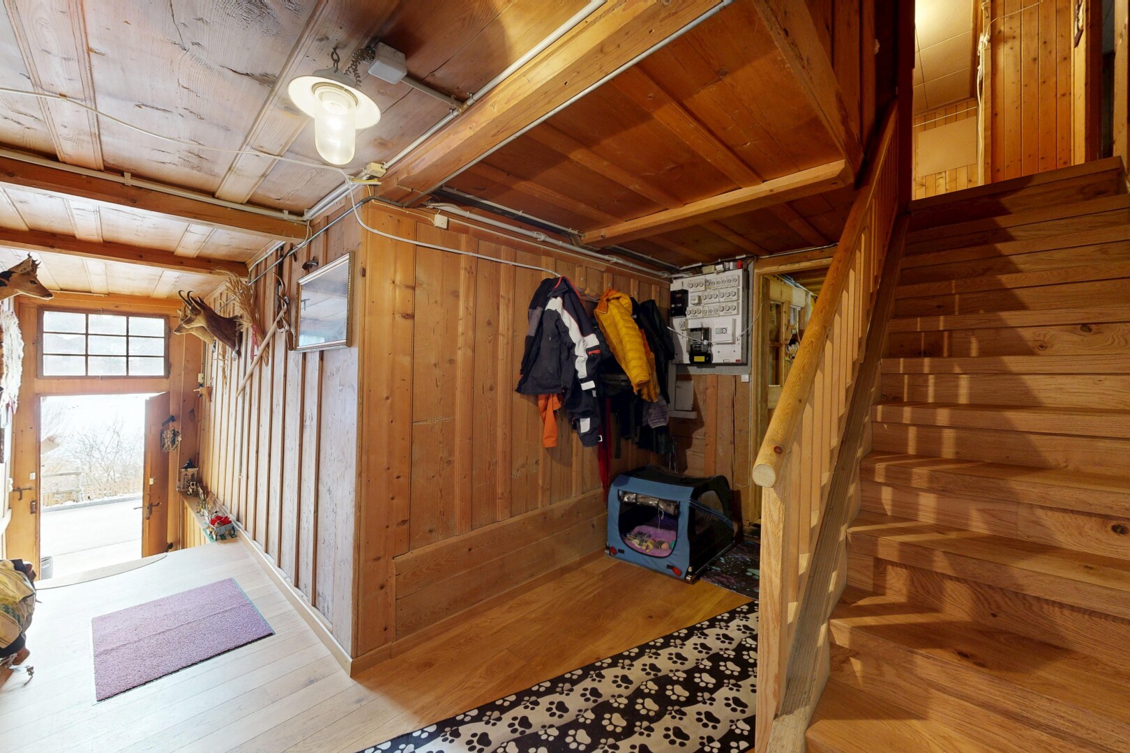 escaliers avec escaliers, plafond en bois, wood ceiling, inside property, et mur en bois