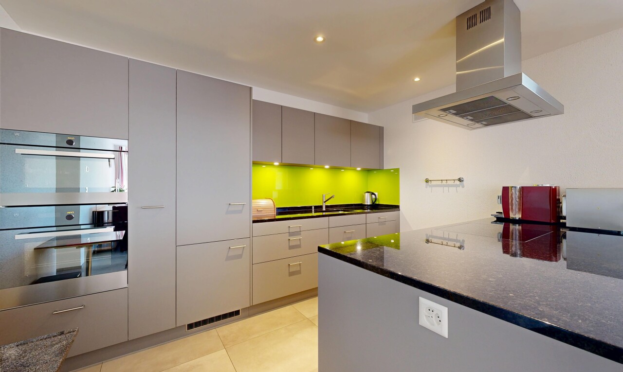 küche mit graue schränke, gray cabinets, dunstabzugshaube, doppel backofen, und schränke mit flachen paneelen