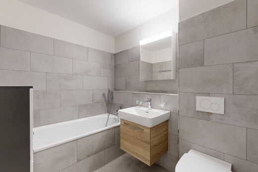 bad mit fliesenwand, tile wall, schminktisch, bad, und spiegel