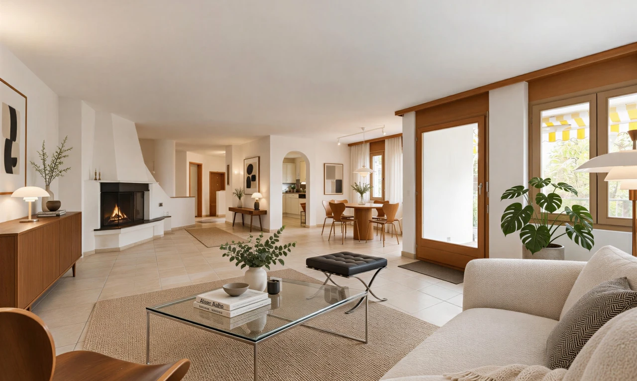 living room with a fireplace, access to outside, arched walkways, and plenty of natural light
