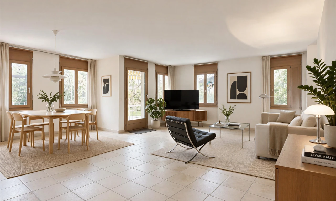 living area featuring pendant lighting, healthy amount of natural light, light tile patterned floors, and access to exterior