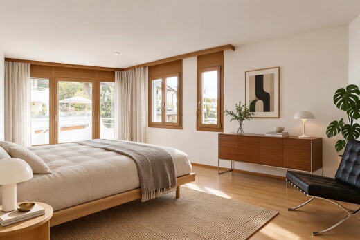 zimmer / schlafzimmer mit gipskartonwand, drywall, holzfußboden, wood finish floor, und light floor