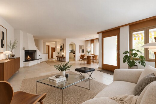living room with a fireplace, access to outside, arched walkways, and plenty of natural light