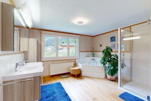 salle de bains avec salle de bain complète, wood finish floor, sol en finition bois, douche, et radiateur
