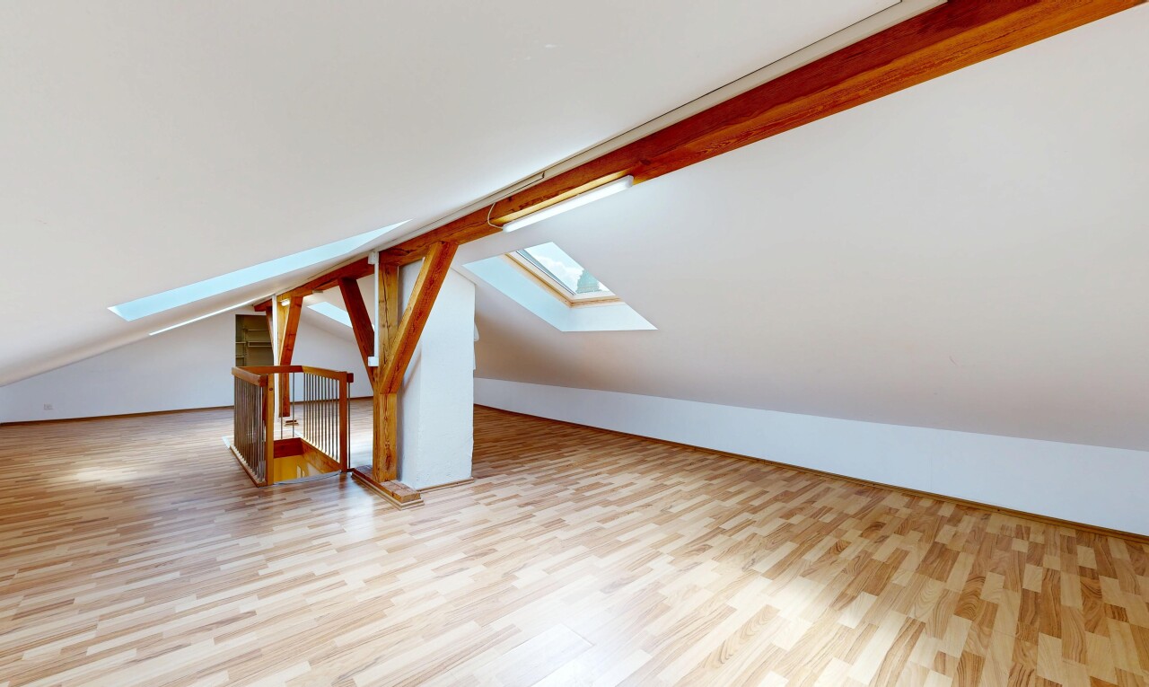 leerer raum mit holzfußboden, wood finish floor, dachfenster, dachschräge, und vaulted ceiling