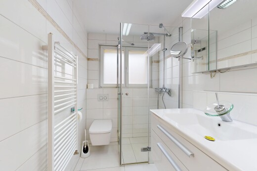 salle de bains avec chauffe-serviettes, radiateur, salle de bain complète, lavabo (ou coiffeuse selon le contexte), et miroir